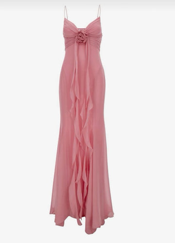 Sheath Spaghetti Straps Pink Chiffon Long Party Dress Prom Dresses SD1400 HZ0628